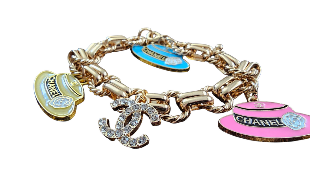Upcycled Chanel Charm Bracelet Multi Colored Chanel Hats Gold Tone