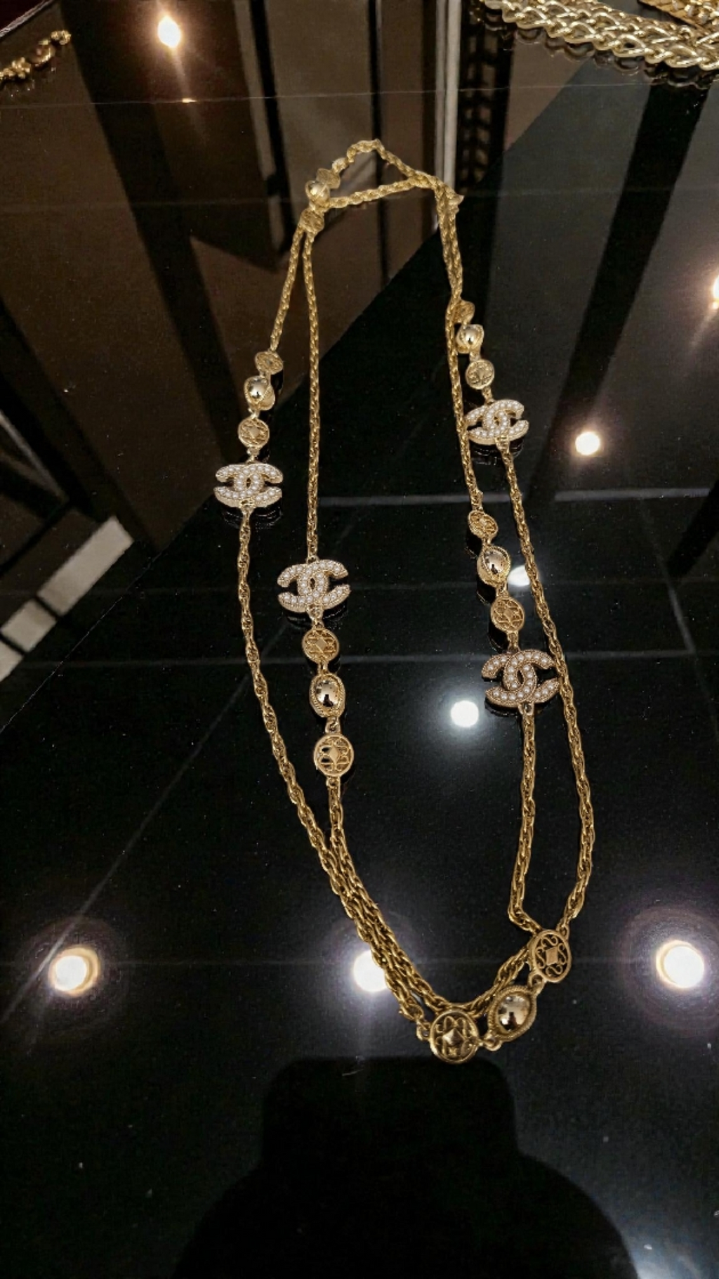 Upcycled Chanel Pearl Charm Double Wrap  Necklace