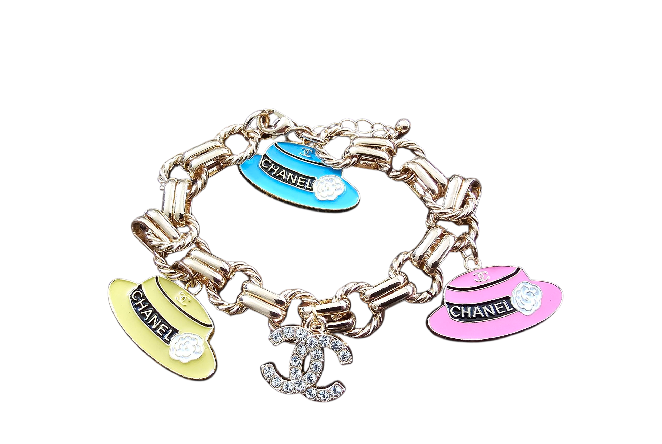 Upcycled Chanel Charm Bracelet Multi Colored Chanel Hats Gold Tone