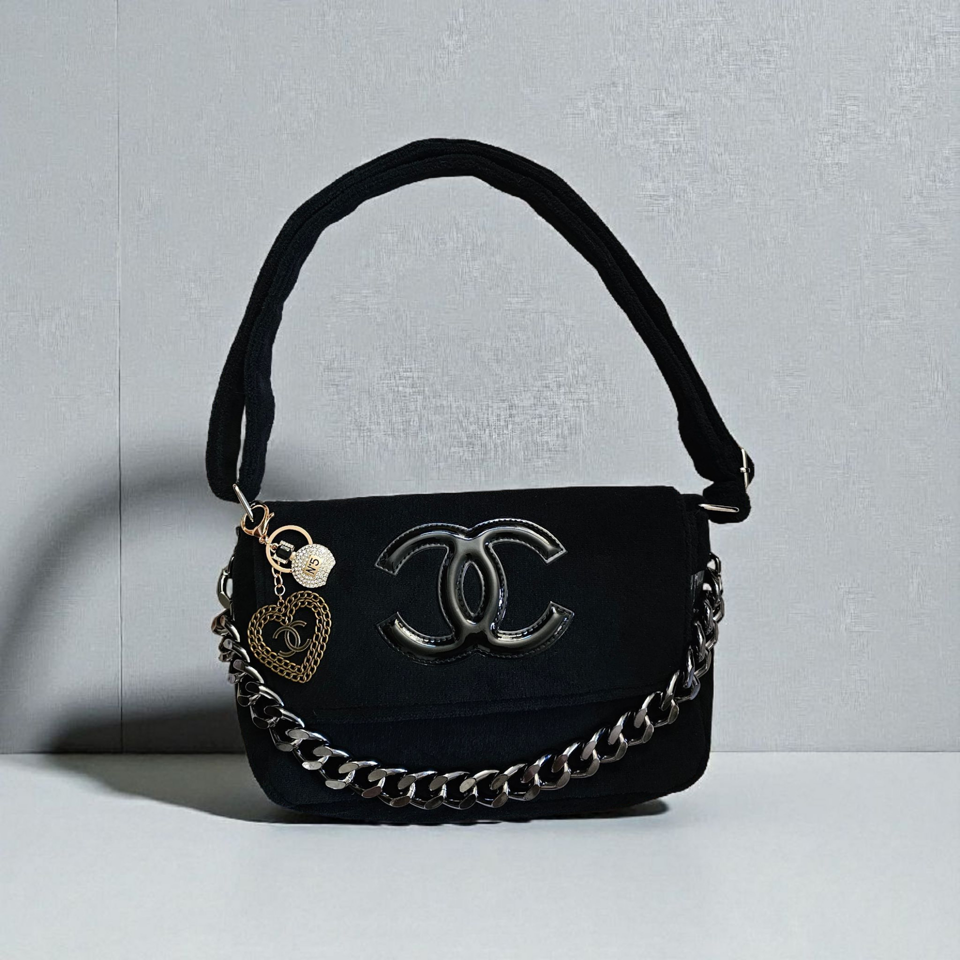 Chanel Precision Black on Black Terry Clothe 2 Way Bag with