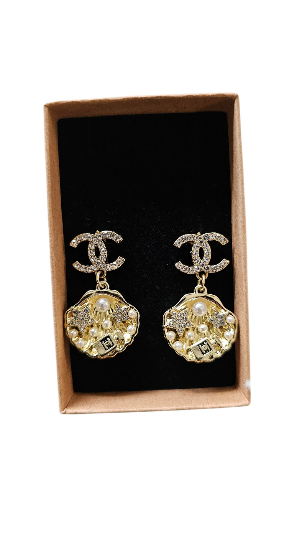 Upcycled Chanel Shell Charms Earrings Gold Plated