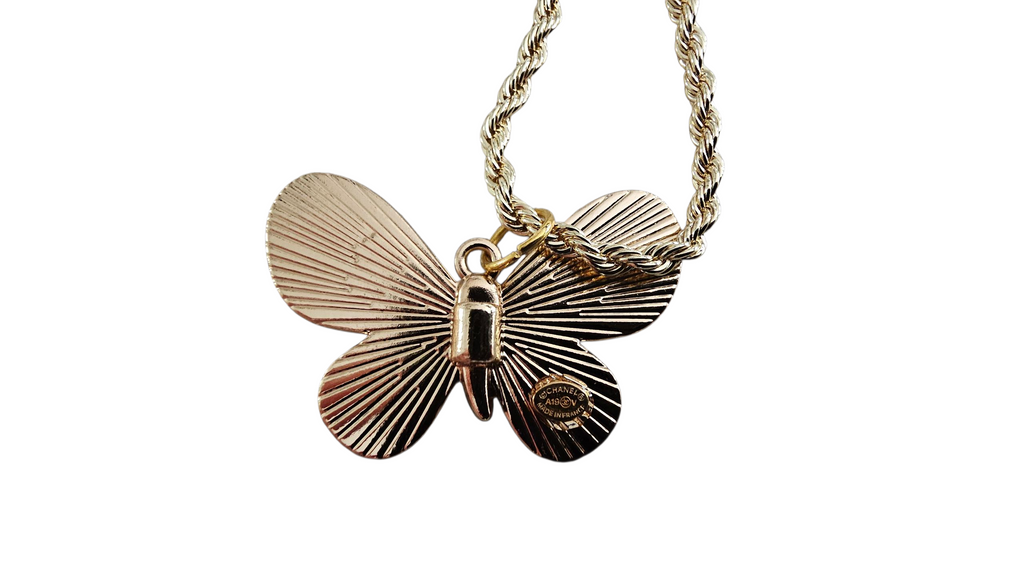 Upcycled Chanel Butterfly Charm Necklace Gold Plated