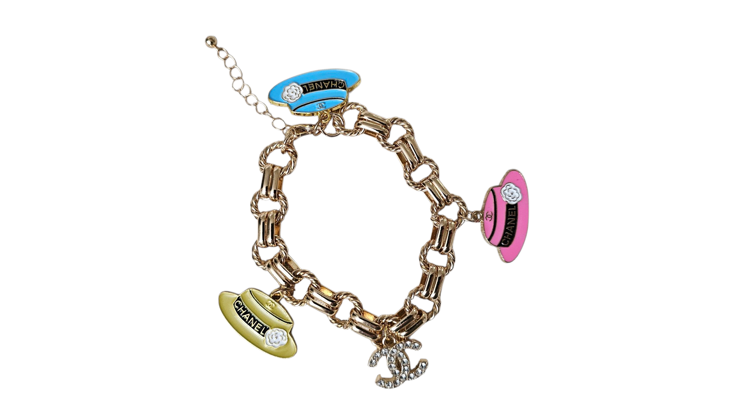 Upcycled Chanel Charm Bracelet Multi Colored Chanel Hats Gold Tone