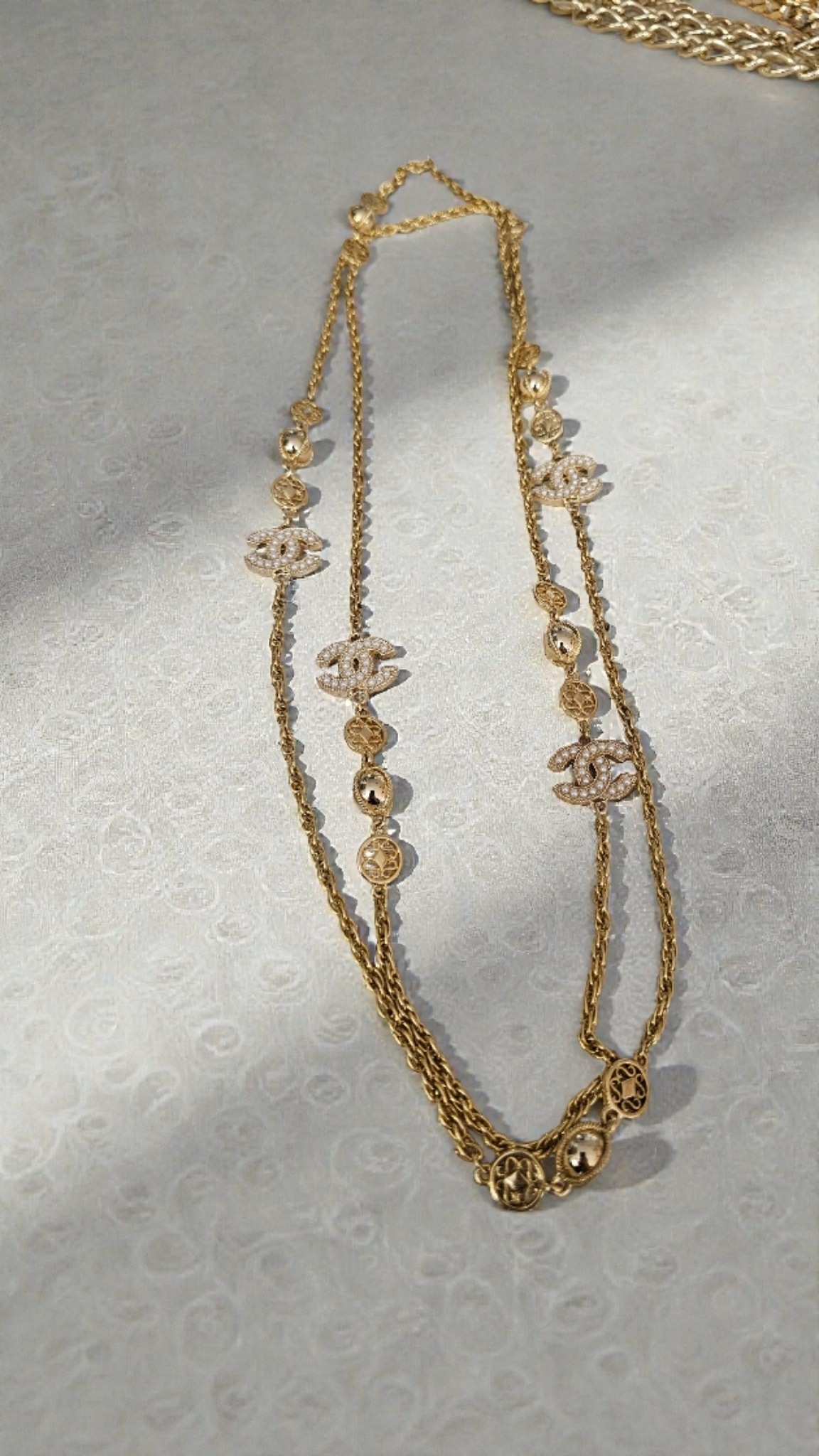 Upcycled Chanel Pearl Charm Double Wrap  Necklace